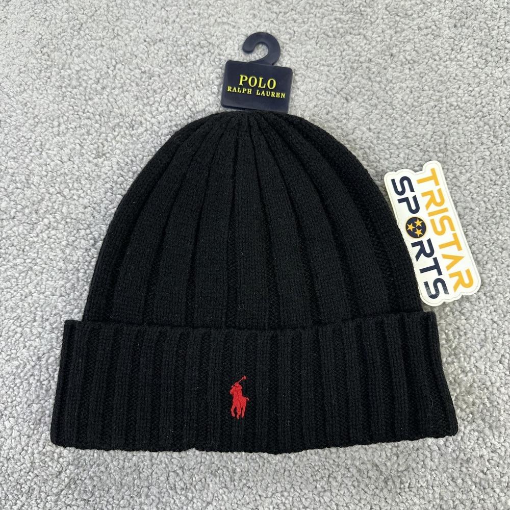 Polo Ralph Lauren Beanie Hat Mens One Size Black Wool Nylon Knit Cuff Winter